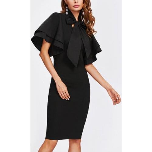 PERHAPS U Bow Tie Neck Layered Flare Sleeve Ruffle Pencil Dress Black Short Sleeve Elegant Party Dress D0149