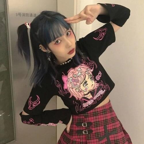 Harajuku Flame Sad Girl Letters Print High Waist Short Sleeve T-Shirt Women Summer Streetwear Hip Hop Punk Black Tops Tee