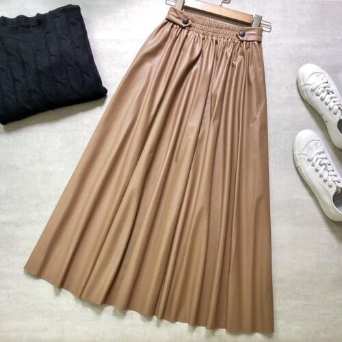 2020 New Autumn Winter PU Leather Long Pleated Skirt European Style Elastic High Waist Button Midi A Line Skirts female