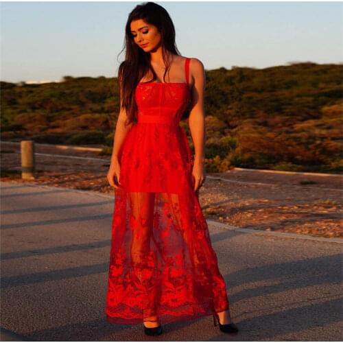 High-Quality Red Lace Sleeveless Hollow Out Long Bandage Dress Women Spaghetti Strap Embroidery Sexy NightClub Lace Maxi Dress
