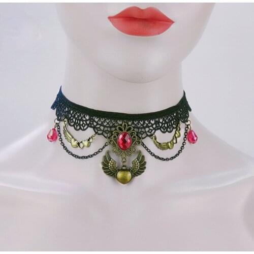 Goth Vampire Wing Pendant Necklace Women Fashion Aesthetic Retro Black Lace Choker Chain Hallowmas Tassel Jewelry Initial Charm