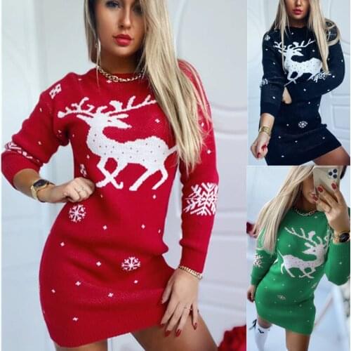 Women New Retro Thicken Sweater Christmas Elk Print Jacquard Knit Round Neck Long-Sleeved Slim Waist Elastic Bag Hip Mini Dress