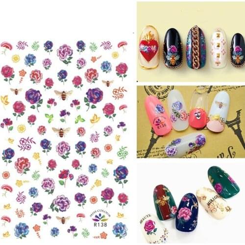 3D Nail Sticker Purple Flowers Peony Leaf Fashion Stickers Autumn Small Adhesive Stickers for Manicure Nail Art Decoration