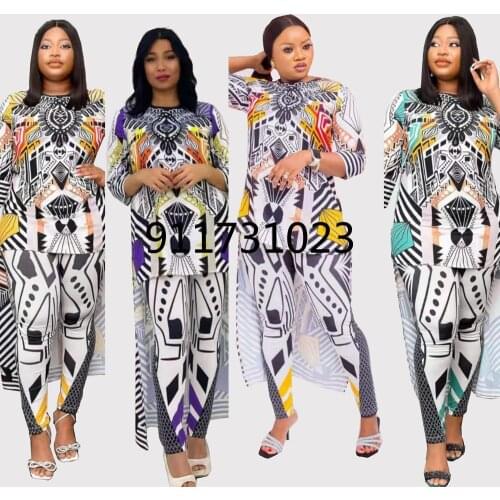 African Clothes for Women 2021 Two Piece Matching Pant Set African New Dashiki Fashion Geometry Suit Top Trousers Women Outfits