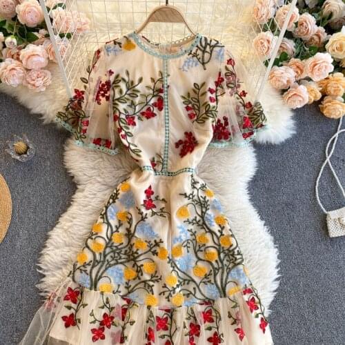 Amolapha Spring Women High Waist Sweet Flare Shor Sleeve Vintage Floral Embroidery Party Mesh Dress Female Vestido New