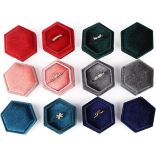 Hexagon Square Shape Velvet Jewelry Box Double Ring Storage Box Wedding Ring Display For Woman Gift Earrings Packaging