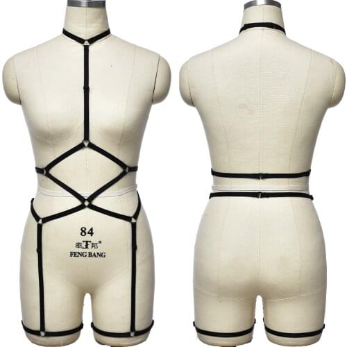 Simple Style Harness Bodysuit Neck Top Cage Bra Black Sexy Bondage Stockings Leg Garter Belt Fetish Body Harness Set