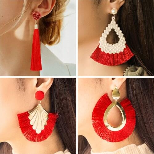 Bohemian Tassel Crystal Long Drop Earrings Women Red Cotton Silk Fabric Fringe Earrings Big Round Geometric Fashion Woman Jewelr