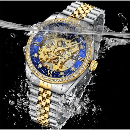 2021 New Mechanical Watch Men Gold Blue Automatic Watch with Mesh Steel Luxury Waterproof Sports Skeleton Tourbillon Wristwatch