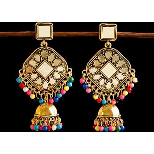 Gypsy Afghani Beads Tassel Indian Jhumka Earrings For Women Bohemian Retro Gold Mirror Bell Mirror Tibetan Earrings Oorbellen