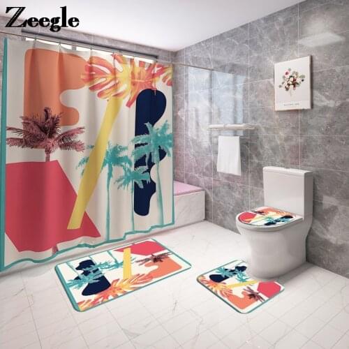 Home Decor Bathroom Carpet Rug Bath Mat and Waterproof Shower Curtain Set Print Toilet Mat Non-slip Foot Rug Toilet Seat Cushion