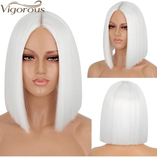 Vigorous Synthetic Short Straight Bob Wig 12 Inces White Wigs for Women Pink Blue Yellow Colorful Cosplay Wig Heat Resistant