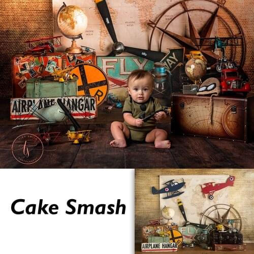 Airplane Hangar newborn kids portrait backdrop adventure pilot birthday photographic props travel children cake smash background
