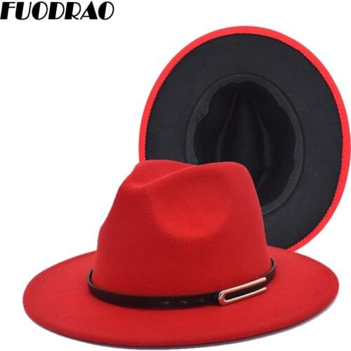 FUODRAO Classic Red Fedora Hat Wool Felt Jazz Fedora Hats Belt Buckle Men Wide Brim Vintage Elegant Women Trilby Cap F109