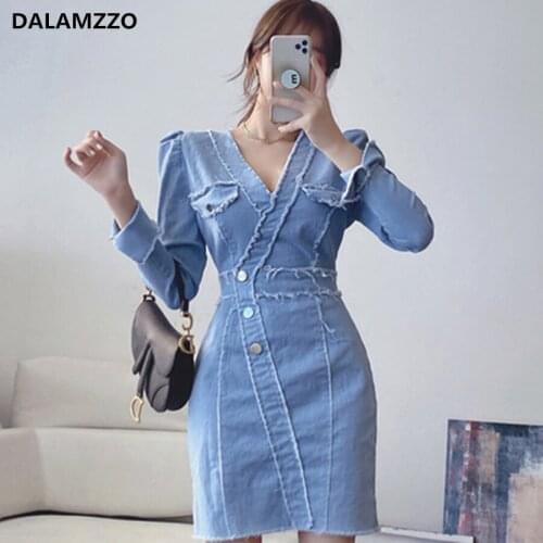 High-end Design Blue Women V Neck Long Sleeve Zippers Slim Mini Dress 2020 Autumn Korean Womens Runway Tassel Midi Dresses Femme