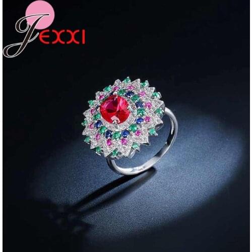 Hyperbole Full Clear Colorful Silver Cubic Zirconia Party Wedding Rings For Women Jewelry Gift Austrian Crystal Ring