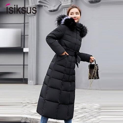 Isiksus Padded Warm Down Jackets Womens Winter Plus Size Long Quilted Black Hooded Fur Coat Jacket 2019 Parkas for Women WP042
