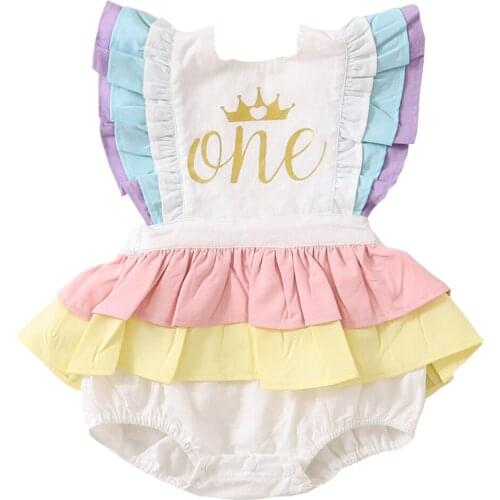 Infant Baby Girl 1st Birthday Bodysuits Lace Sleeveless Letter Print Jumpsuit Cute Baby Girl Ruffles Tutu Bodysuit