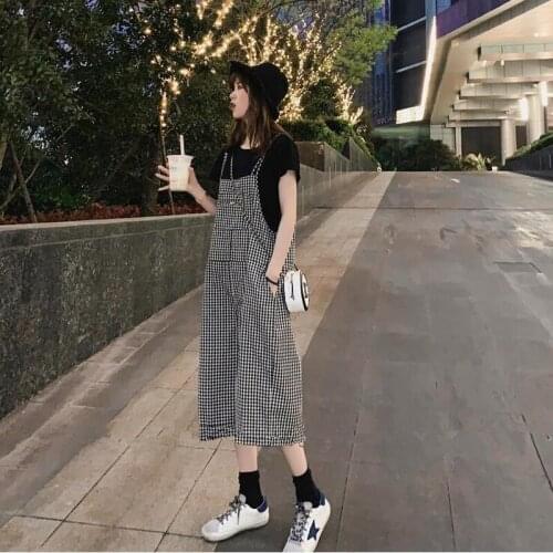 Jumpsuits Women Summer Calf-length Wide-leg Plaid Vintage Loose Korean Style Double-strap Pockets Womens Female Jumpsuit Clothes