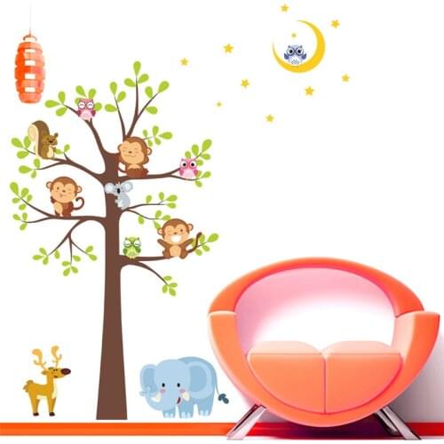 Cute Monkey Owl Elephant Animal Big Tree Wall Sticker For Kids Room Kindergarten Home Decor Cartoon Safari Mural Art Pvc Decals