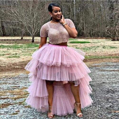 New Arrival Pink Hi Low Tiered Tulle Skirts Women Extra Puffy Tulle Elastic Waistline Long Party Formal Skirt 2020 Custom