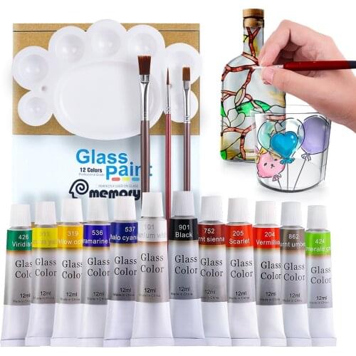 Memory 12 Colors Acrylic Glass Paints Set Art Painting Pigments kit for Glass - Include 3 Brushes & 1 Palette