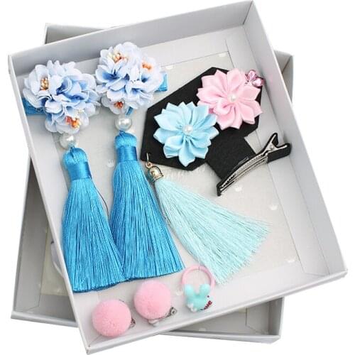 5~6pcs/pack-Chinese Retro Princess Style Childrens Hair Gift Box Set Of Rabbit Hair Ball Hair Clip Girls Hair Accessories