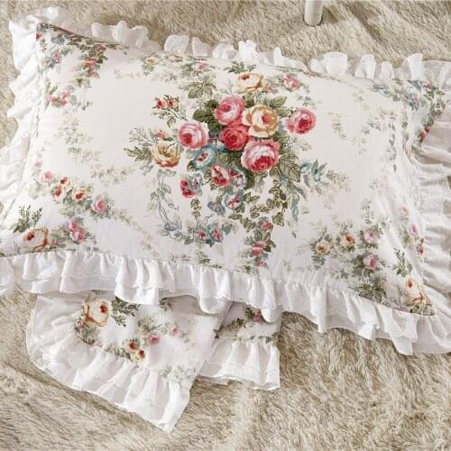 White Lace Edge Rose Print Cotton Pillow Cover 2pcs/Lot Rectangle Standard Bed Pillow Case Princess Bedding Pillowcase 48x74cm