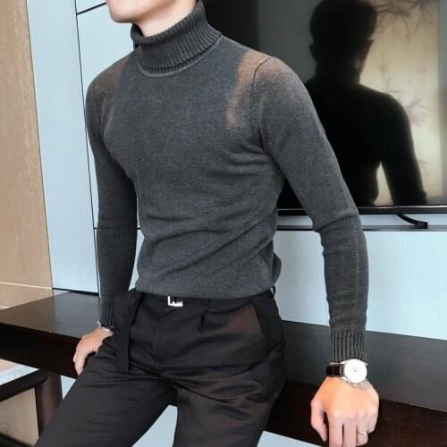 2021 Autumn and winter new high-quality thick warm long-sleeved sweater fashion mens casual slim solid color turtleneck sweater
