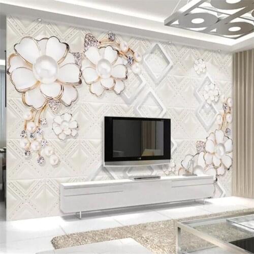 Beibehang papel de parede Custom European-style 3d pearl diamond-studded flower jewelry TV wall papers home decor 3d wallpaper