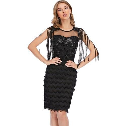 Tassel Sleeves Scoop Illusion Neck Sequin Mother Of the Bride Dress Formal Women OL Gown Wedding Guest Party Dresses YSAN929