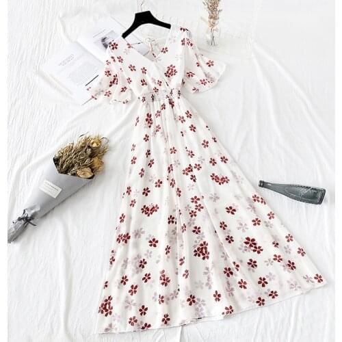 Floral Print Women Dress 2021 Summer elegant V-neck Vintage Pleated Chiffon Dresses Short sleeve Party Long Dress Robe Femme