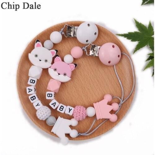Chip Dale Personalized Name Baby Pacifier Clips Chain Silicone Fox Pacifier Chain Holder DIY Baby Shower Gift