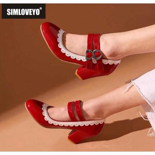 SIMLOVEYO New 2021 Ladies Pumps Round Toe 7cm Block Heels Patent Leather Buckle Mary Jane Sweet Lolita Big Size 48 Party A3542