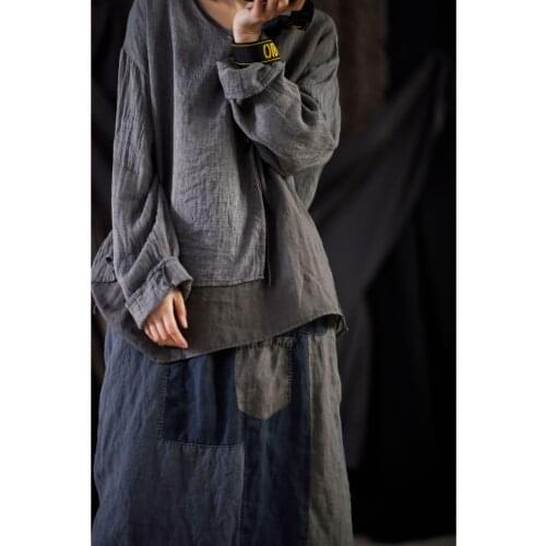 Women Linen Spring Autumn Vintage Blouse Tops Ladies Patchwork Shirt Tops Female Flax Shirts