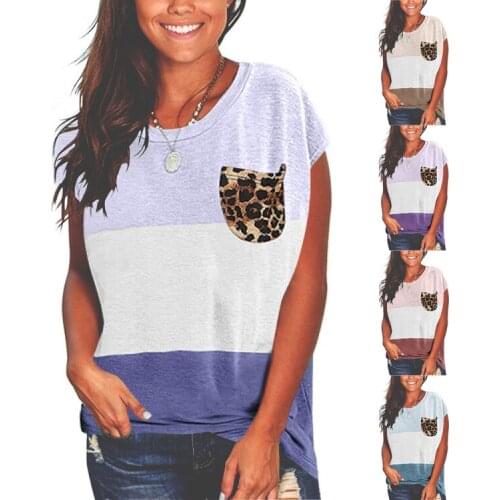 2021 Summer New Female Color Matching Shirt Loose Casual Fashion Trend Pocket Leopard Print Short-sleeved T-shirt Women