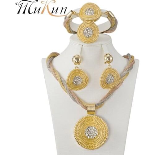 MUKUN African Beads Jewelry Set Dubai Gold Color Crystal Women Wedding Party Necklace Bangle Earring Ring fashion Jewelry Sets