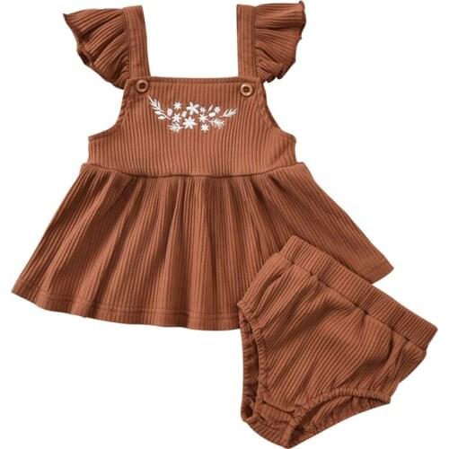 2021 Girls Summer Outfits Floral Print Square Collar Ruffle Sleeves Tops + Solid Color Ribbed Shorts for Baby Girls Suit