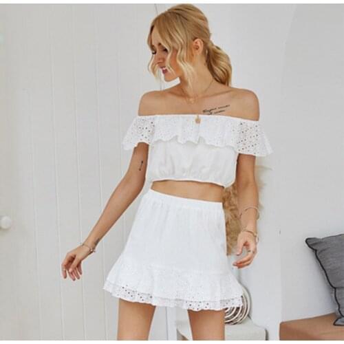 2021 Summer Two Piece Sets Women Casual Fashion Beach Skirts 2Pcs Sets Slash Neck Off Shoulder Crop Tops and Short Skirt