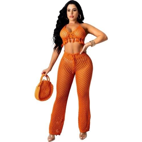 Knitted Lace Up Hollow Two Piece Club Outfits Women Tracksuit Halter Neck Backless Bra Top And See Through Flare Pant Co-ord Set