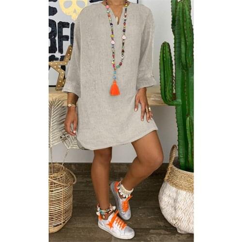 Autumn Hot Sale Womens New Splicing Relaxation Style Loose Comfortable Solid Color Long Sleeve V-neck Basic Style Cotton Dress