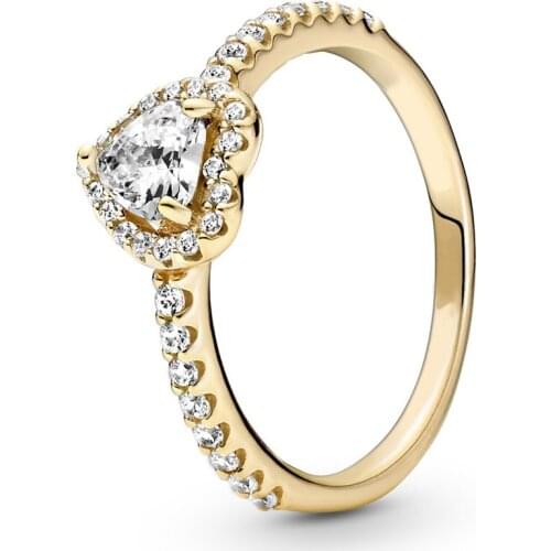 Original Golden Shine Elevated Heart With Crystal Ring For 925 Sterling Silver Ring Women Party Gift Europe DIY Jewelry