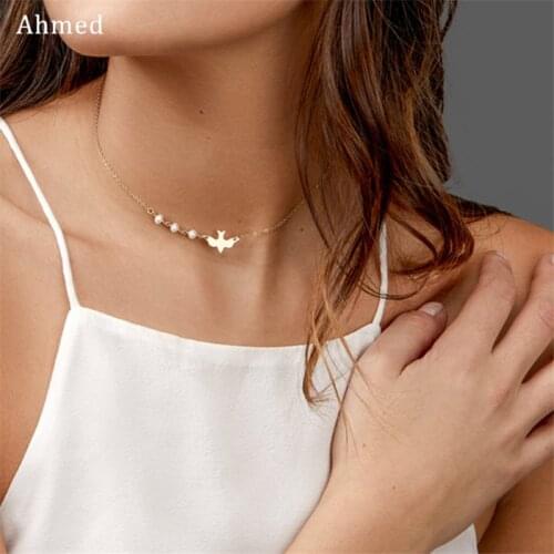 Ahmed New Design Simple European and American Women Personality Peace Pigeon & Imitation Pearls Choker Necklace Fashion Jewelry