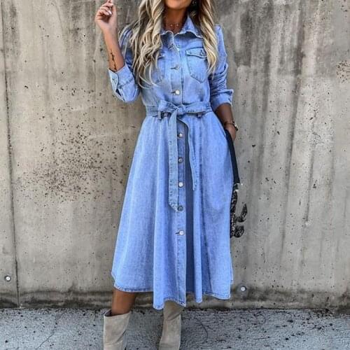 Women Casual Button Jean Long Dress Elegant Turn-down Collar Denim Loose Dress 2021 Spring Autumn Long Sleeve Belted Party Dress
