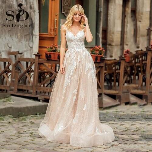 SoDigne Wedding Dress Pink Scoop Neck Appliques Lace Beach Bridal Gowns Sexy Backless Tull Boho Wedding Dress Custom Made