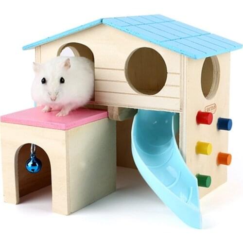 1Pcs Pet Small Animal Rabbit Hideout Wooden Hamster Ladder Exercise Toy Lovely Rat House Cage Habitat Hamster House With Slide