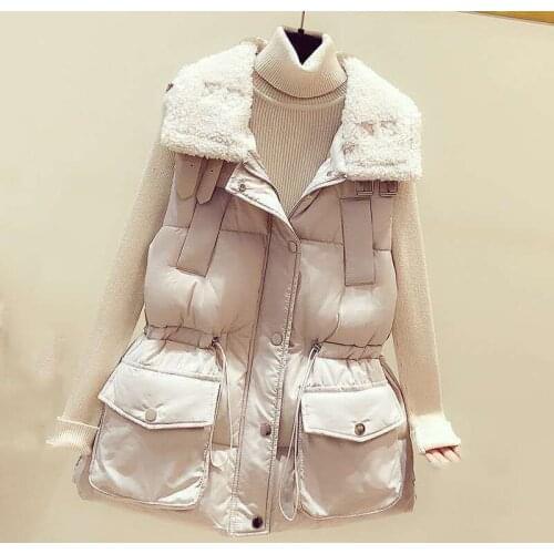 2021 Spring New Turn Down Collar Waistcoat Women Beige Color Drawstring Vest For Women Lightweight Warm Waistcoat Female