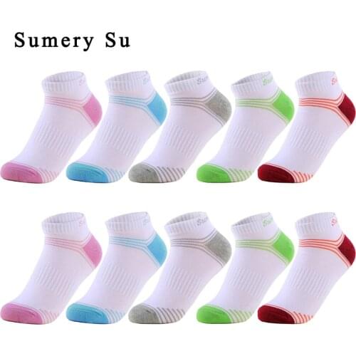 5 Pairs/Lot Women Sport Socks Running Ankle Outdoor Cotton Colorful Stripe Socks Compression White Short Socks 5 Colors