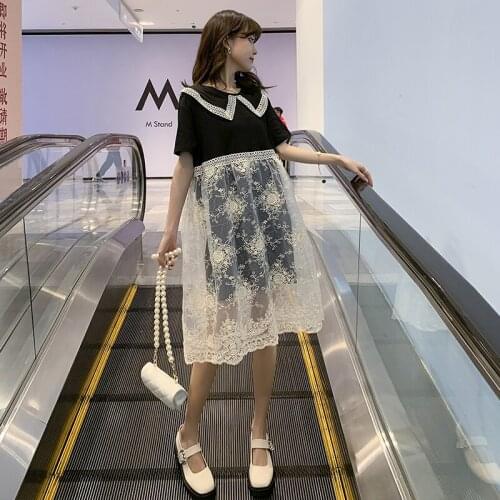 86663# Maternity Clothes Summer Short Sleeves Easy Matching Loose Gauze Patchwork Dress Pregnant Women Mom Dress