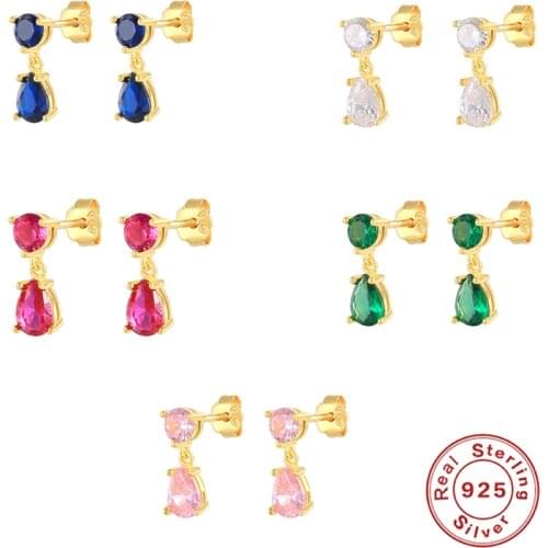 BOAKO 925 Sterling Silver Colorful Rose Red Water Drop Zircon Charm Stud Earrings For Women CZ Ear Studs 2021 Trend Fine Jewelry